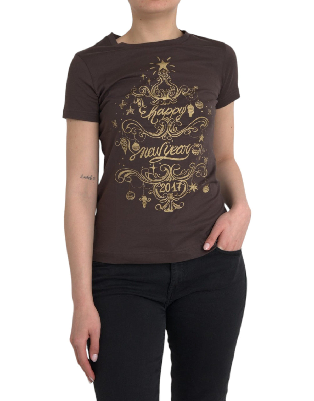 Dolce & Gabbana Braunes Rundhals-T-Shirt mit Motiv-Print 2017