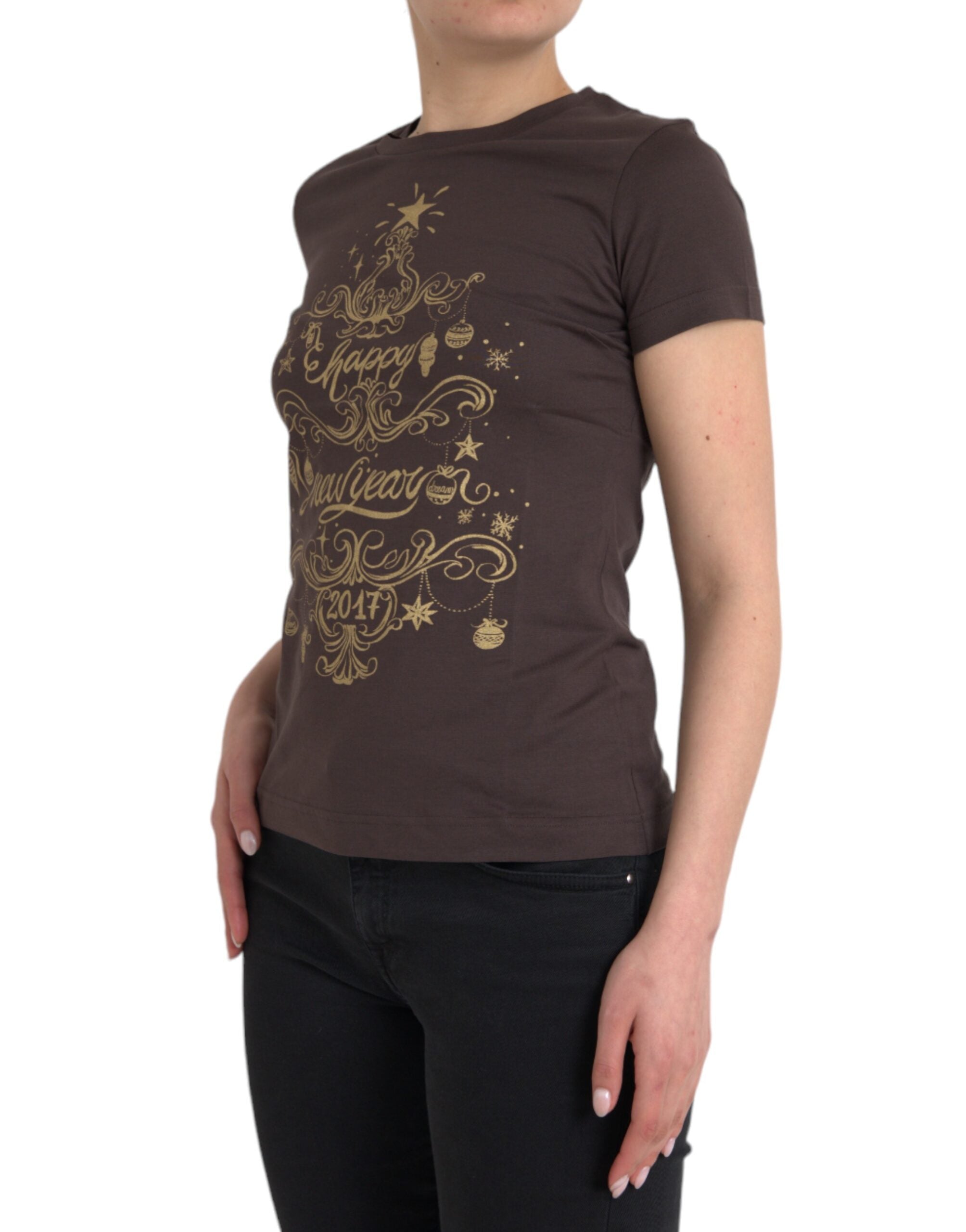Dolce & Gabbana Braunes Rundhals-T-Shirt mit Motiv-Print 2017
