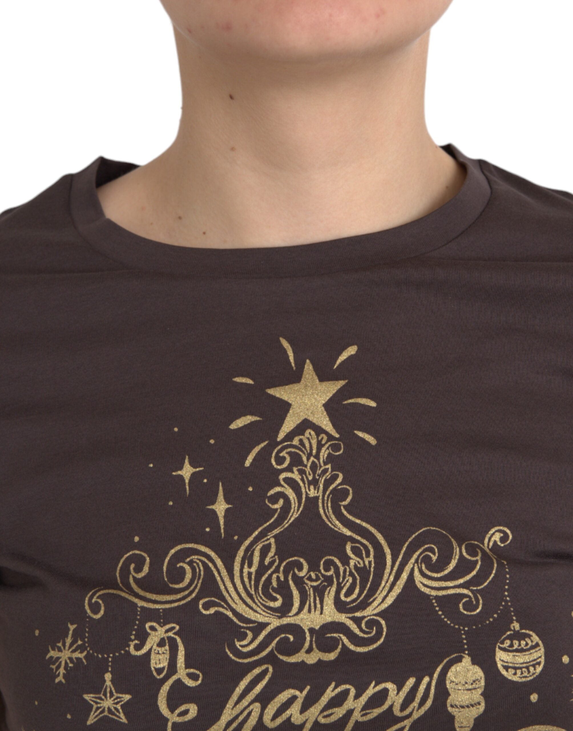 Dolce & Gabbana Braunes Rundhals-T-Shirt mit Motiv-Print 2017