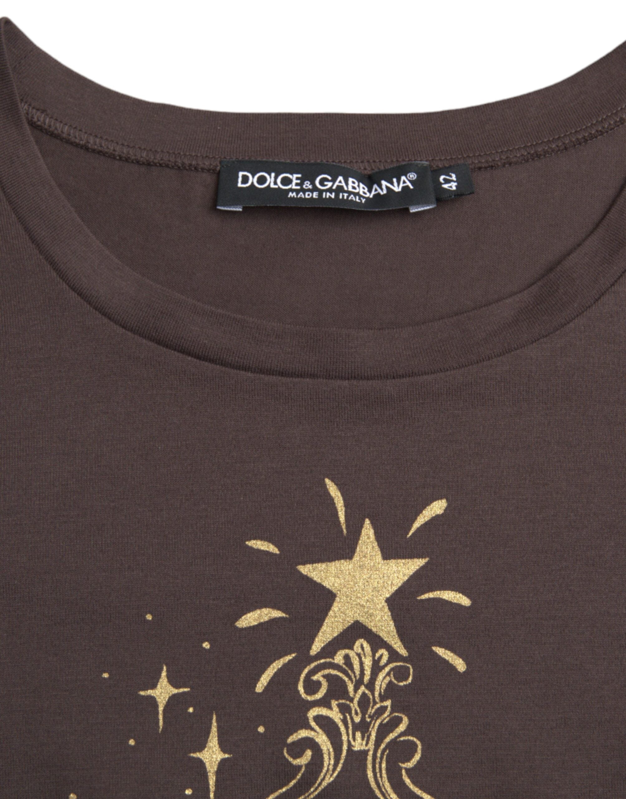 Dolce & Gabbana Braunes Rundhals-T-Shirt mit Motiv-Print 2017