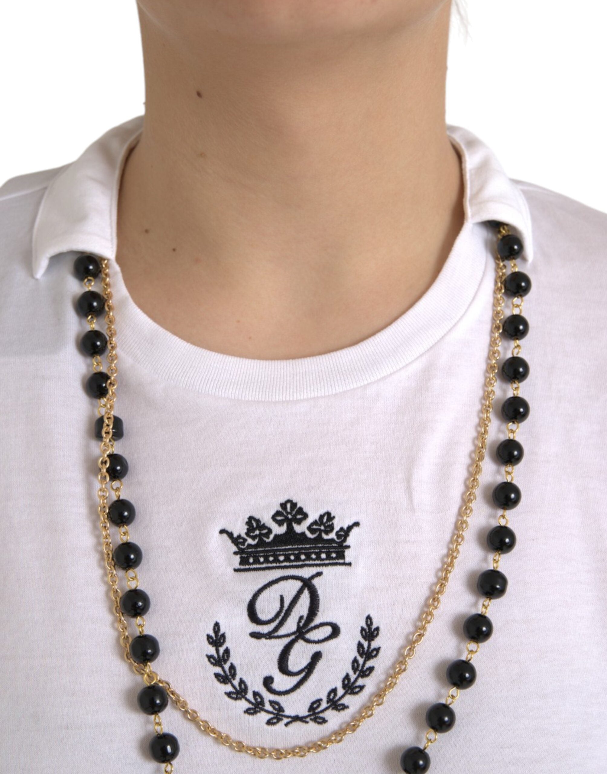 Dolce & Gabbana Weißes Baumwoll-T-Shirt mit kurzen Ärmeln und Halskette