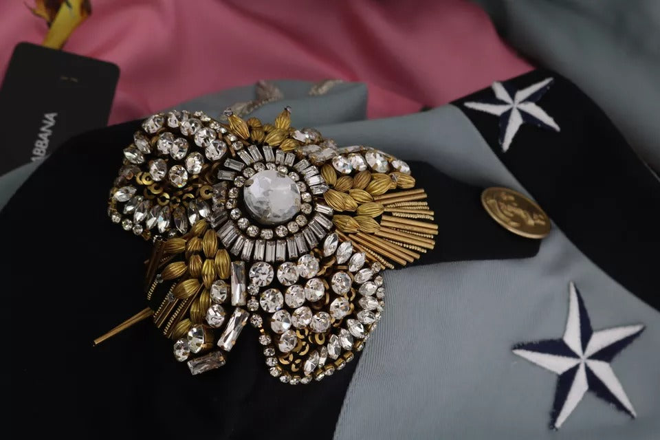 Dolce & Gabbana Blaue Baumwolljacke mit Kristallapplikationen und Knöpfen
