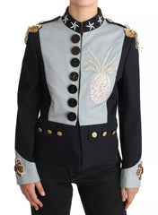 Dolce & Gabbana Blaue Baumwolljacke mit Kristallapplikationen und Knöpfen