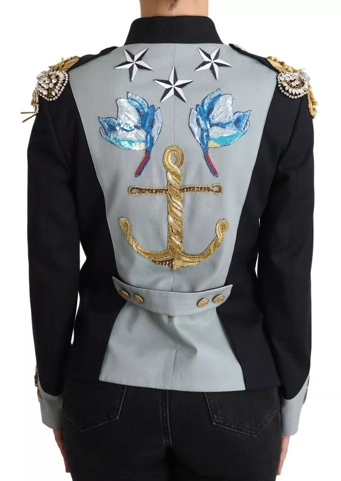 Dolce & Gabbana Blaue Baumwolljacke mit Kristallapplikationen und Knöpfen