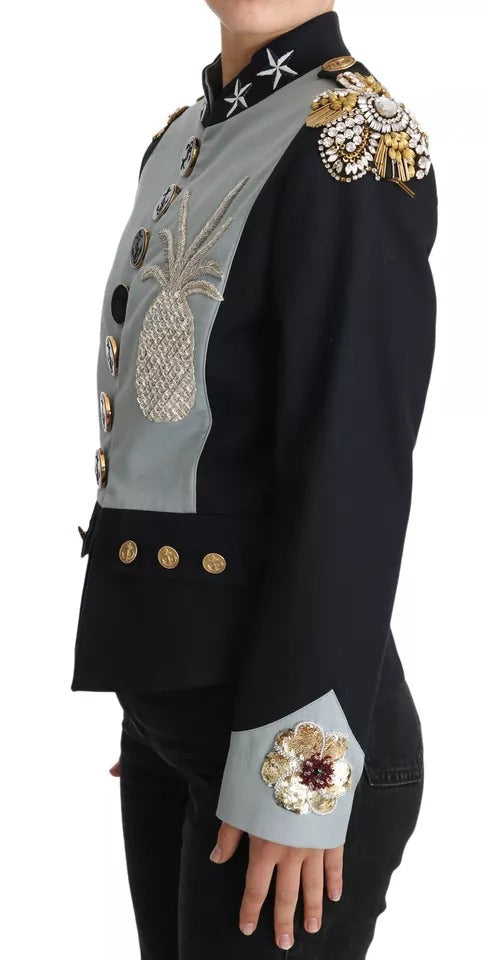 Dolce & Gabbana Blaue Baumwolljacke mit Kristallapplikationen und Knöpfen