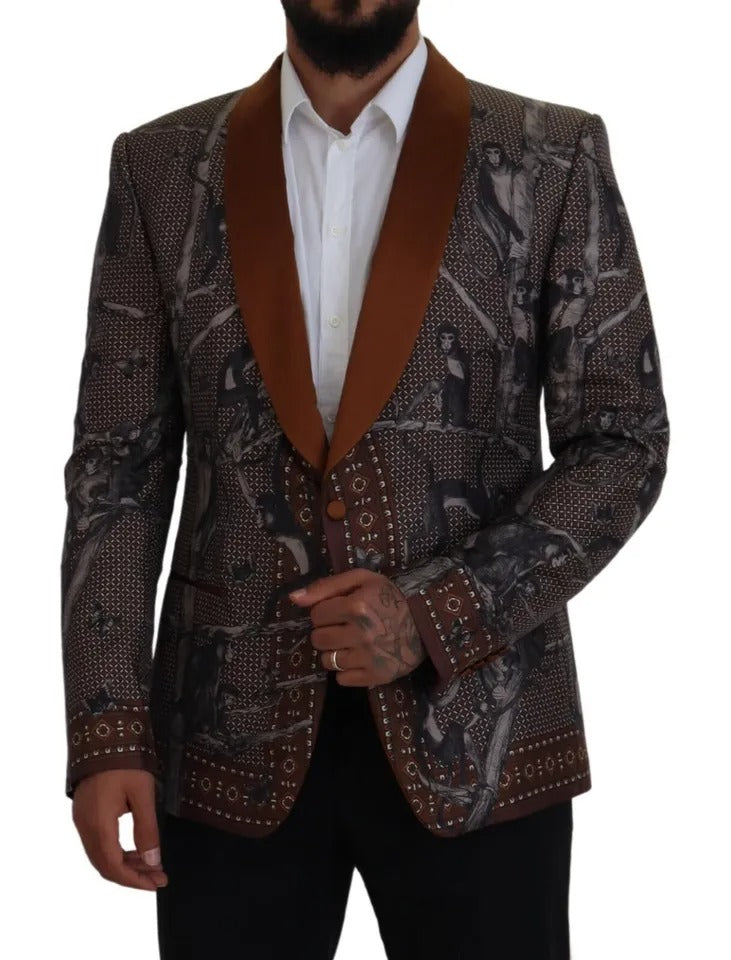 Dolce & Gabbana Zijden Slim Jasje Blazer met Bronzen Apenprint