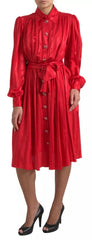 Dolce & Gabbana rotes durchgeknöpftes Satin-Seidenkleid mit Gürtel
