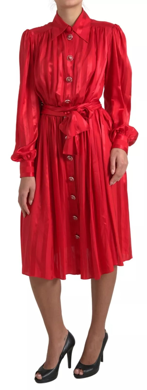 Dolce & Gabbana rotes durchgeknöpftes Satin-Seidenkleid mit Gürtel