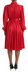 Dolce & Gabbana rotes durchgeknöpftes Satin-Seidenkleid mit Gürtel