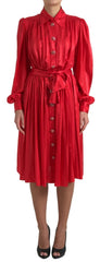 Dolce & Gabbana rotes durchgeknöpftes Satin-Seidenkleid mit Gürtel