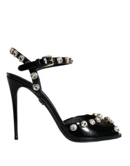 Dolce & Gabbana Zwarte Leren Sandalen met Kristallen Enkelbandjes
