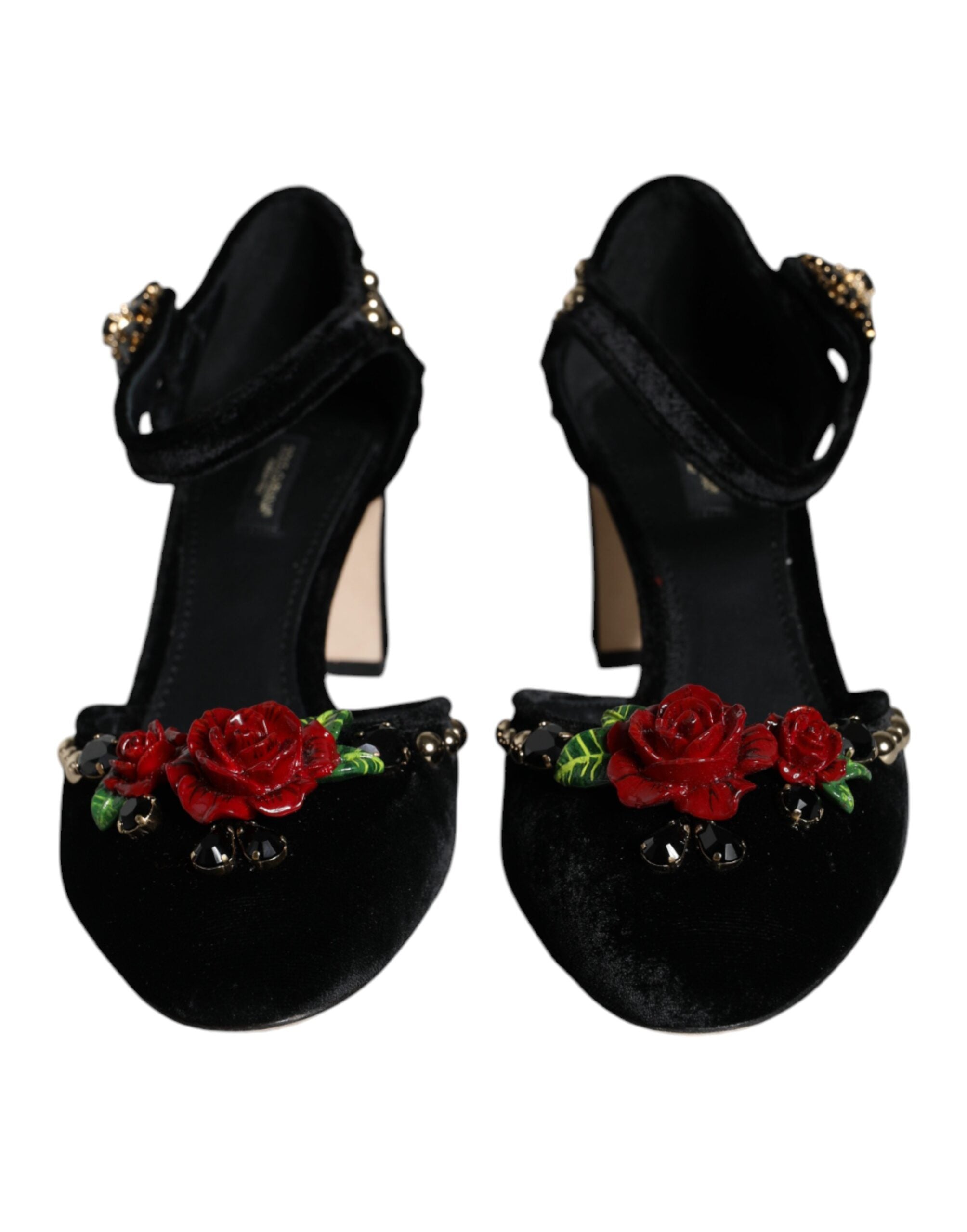 Dolce & Gabbana Schwarze Samt-Rosen Knöchelriemen Pumps Schuhe