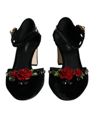 Dolce & Gabbana Schwarze Samt-Rosen Knöchelriemen Pumps Schuhe