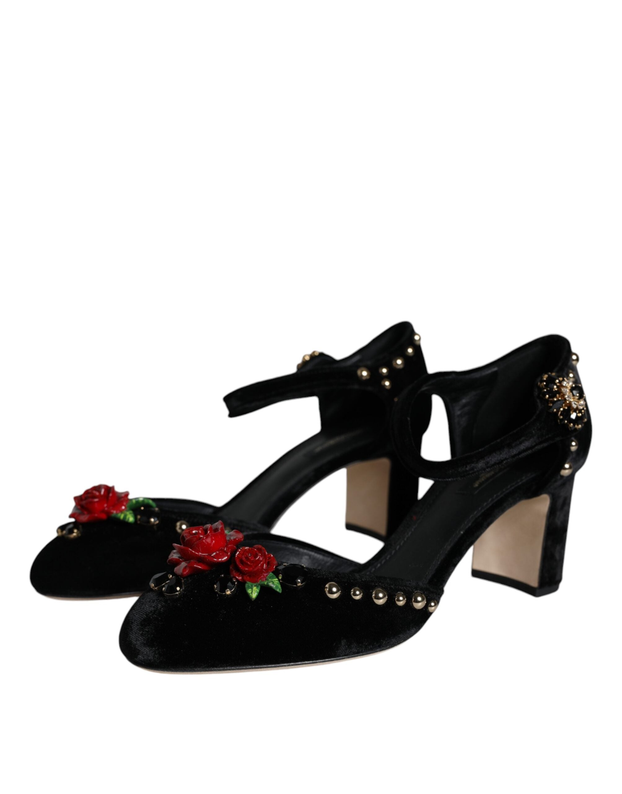 Dolce & Gabbana Schwarze Samt-Rosen Knöchelriemen Pumps Schuhe