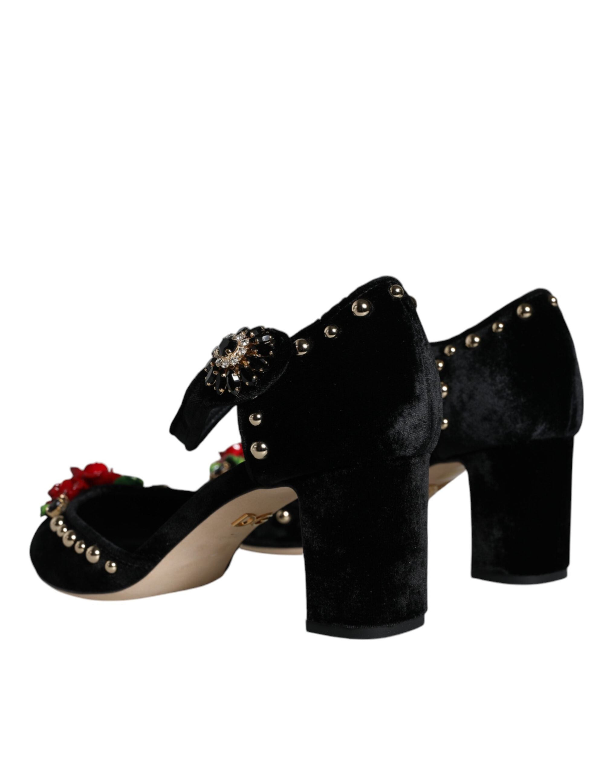 Dolce & Gabbana Schwarze Samt-Rosen Knöchelriemen Pumps Schuhe