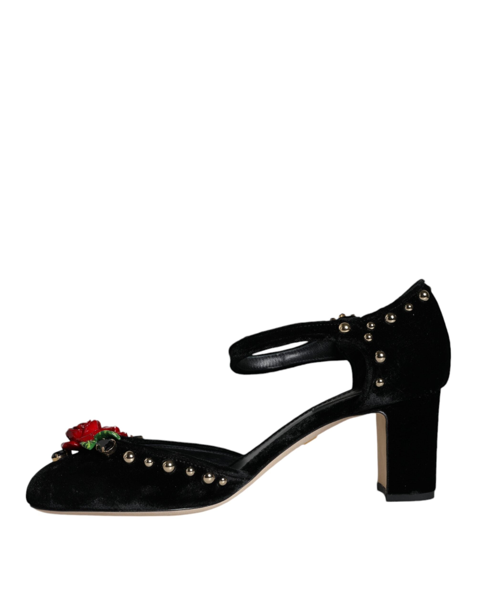 Dolce & Gabbana Schwarze Samt-Rosen Knöchelriemen Pumps Schuhe