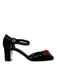 Dolce & Gabbana Schwarze Samt-Rosen Knöchelriemen Pumps Schuhe