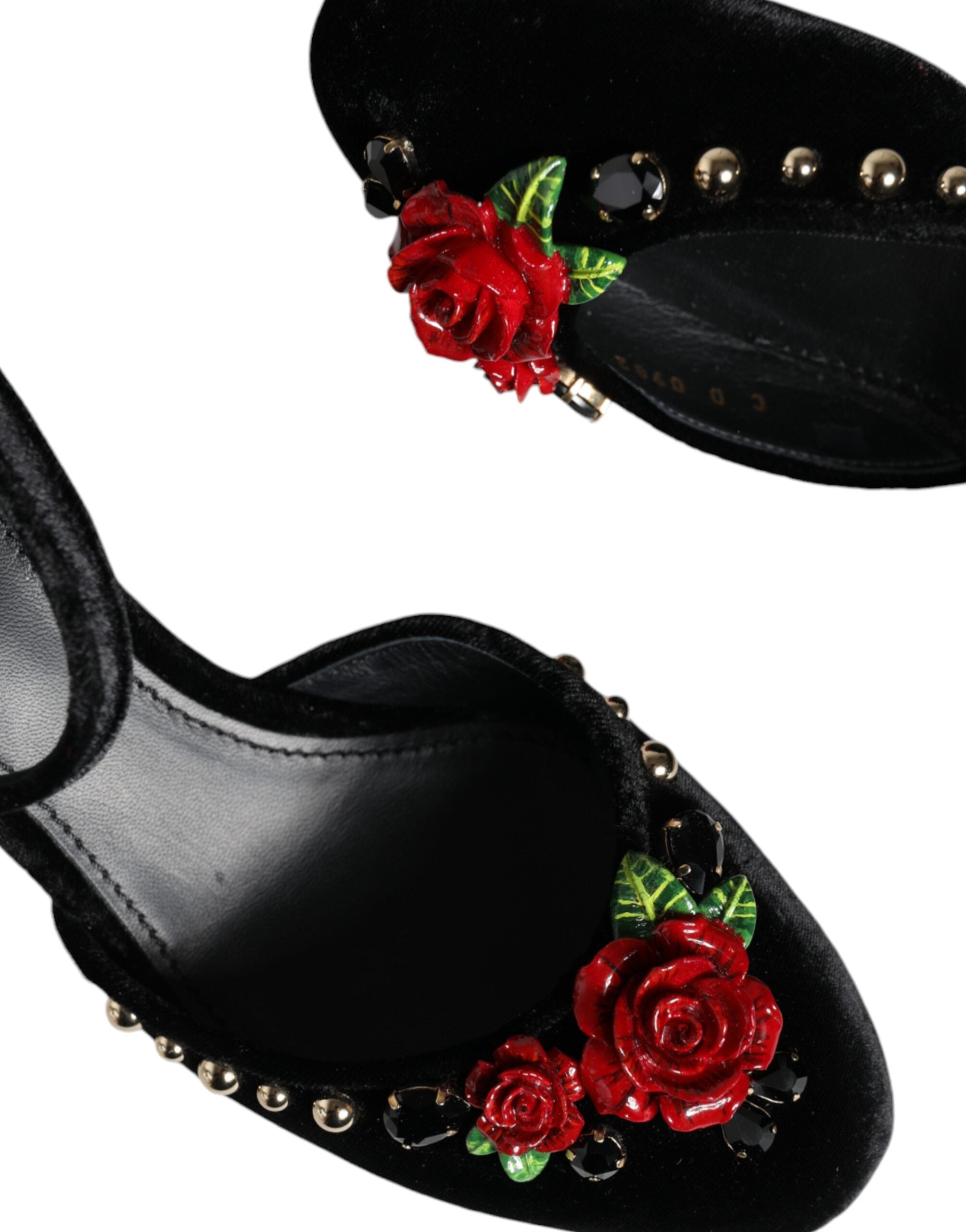 Dolce & Gabbana Schwarze Samt-Rosen Knöchelriemen Pumps Schuhe