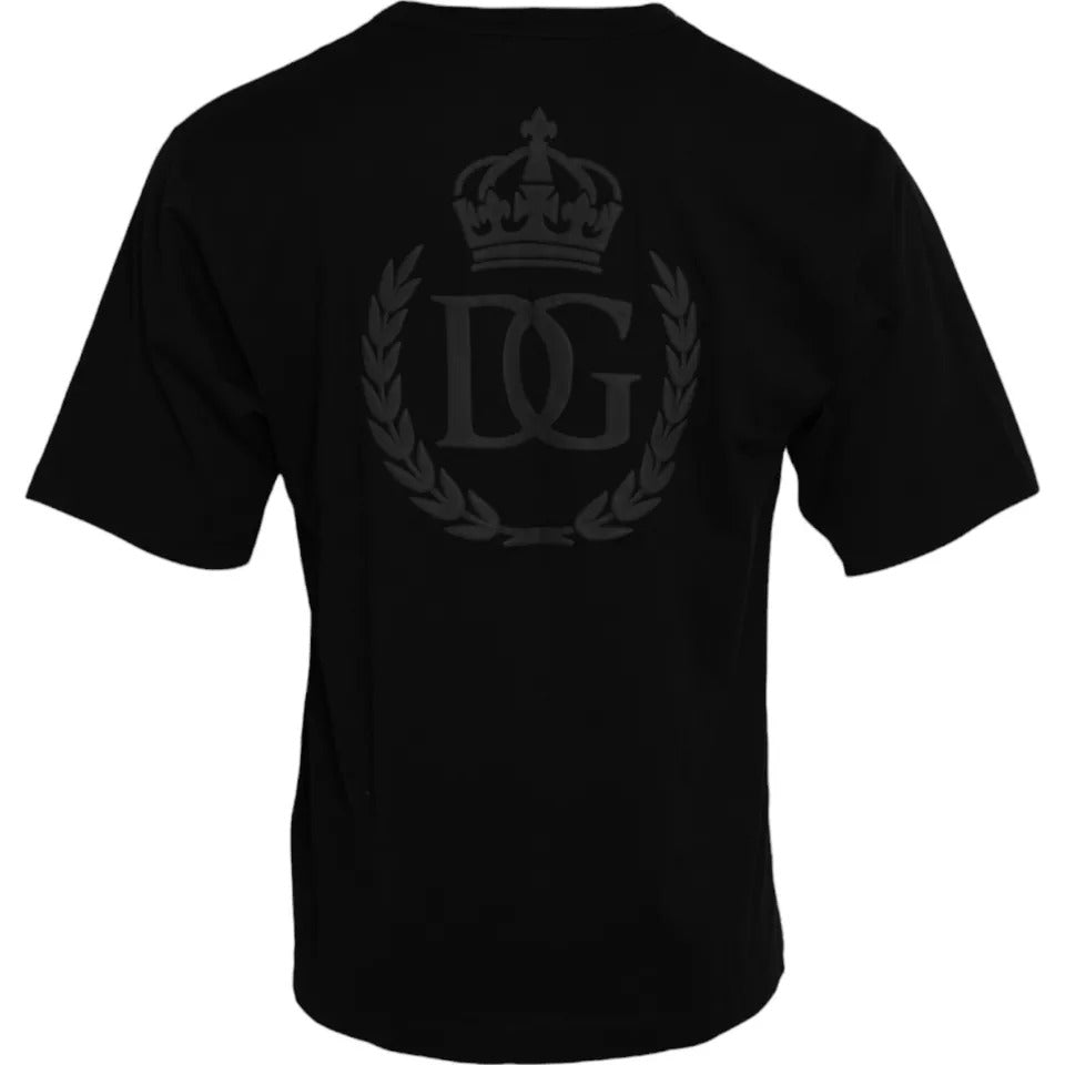 Dolce & Gabbana Schwarzes T-Shirt aus Baumwolle mit geprägtem Logo und Rundhalsausschnitt