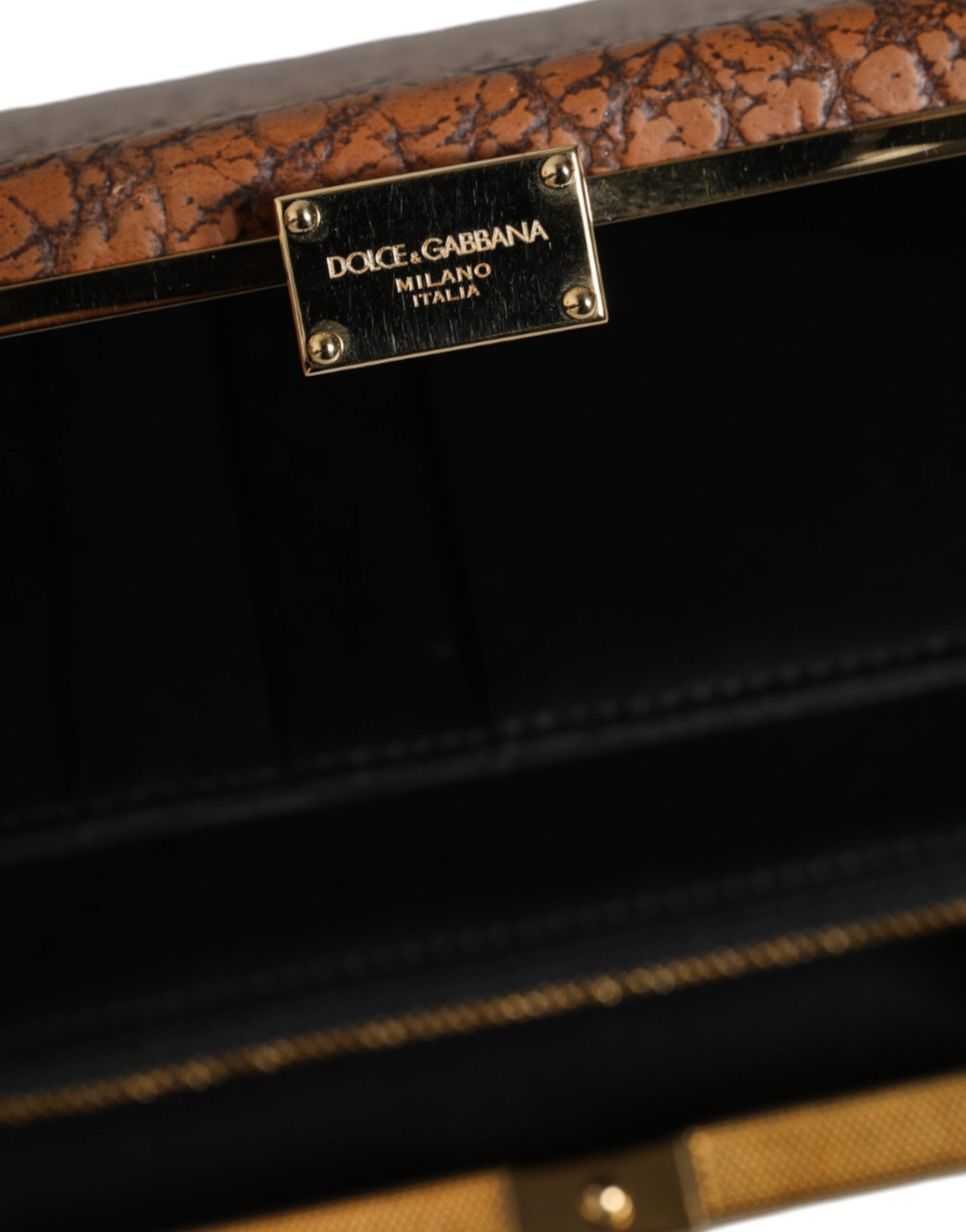 Dolce &amp; Gabbana – Clutch aus braunem Leder mit goldenem Rahmen und kleiner Umhängetasche