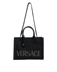 Versace Zwarte Bovenhandtas Canvas Leer Logo Crossbody Draagtas