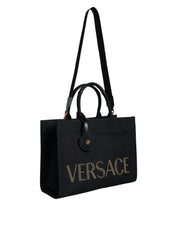 Versace Zwarte Bovenhandtas Canvas Leer Logo Crossbody Draagtas