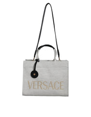 Versace Witte Tas met Bovenhandvat van Canvas en Leer met Logo Crossbody Tote