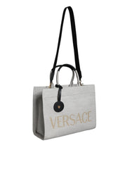 Versace Witte Tas met Bovenhandvat van Canvas en Leer met Logo Crossbody Tote