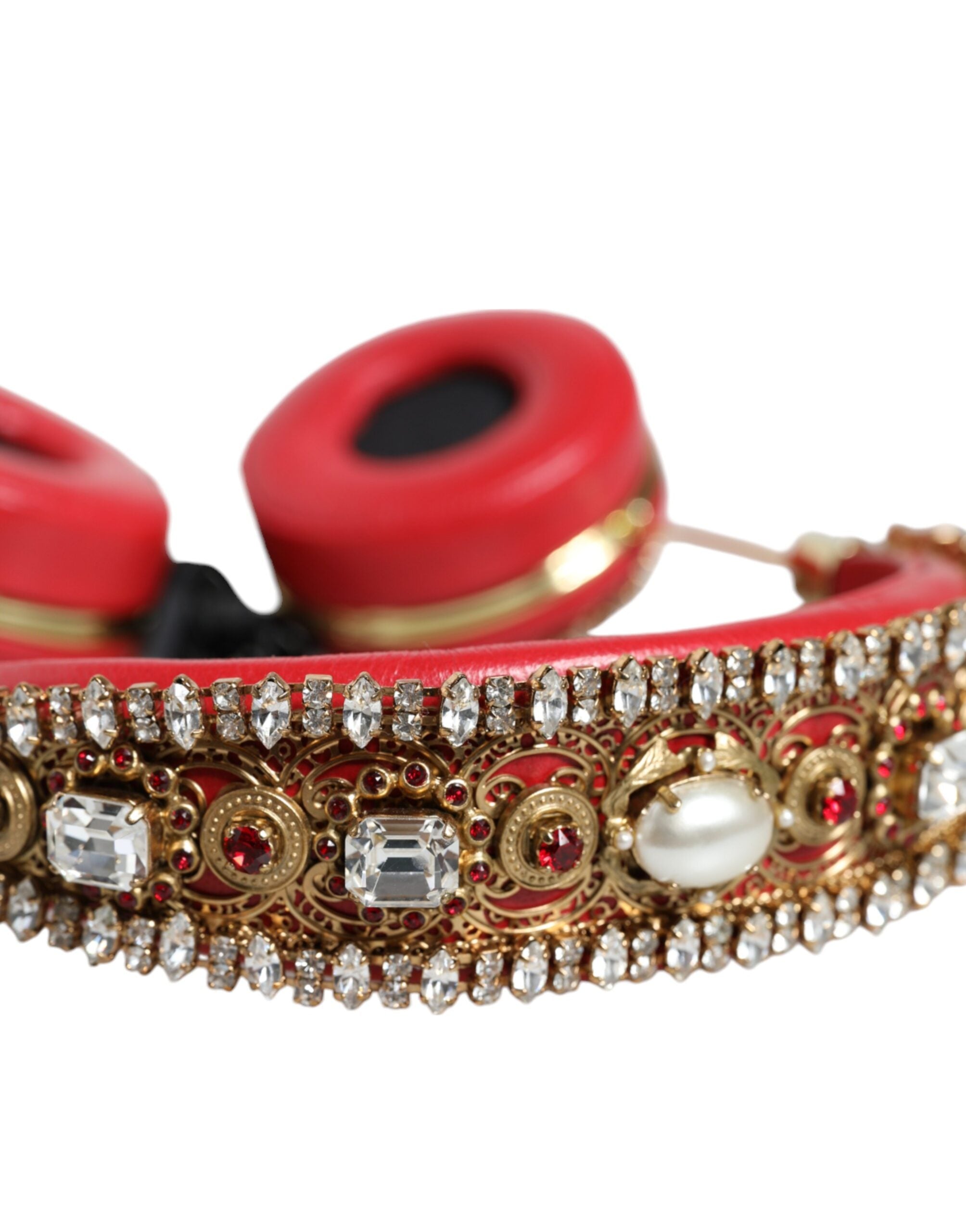 Dolce & Gabbana Rote Nappaleder-Kopfhörer mit Blumen-Kristallen