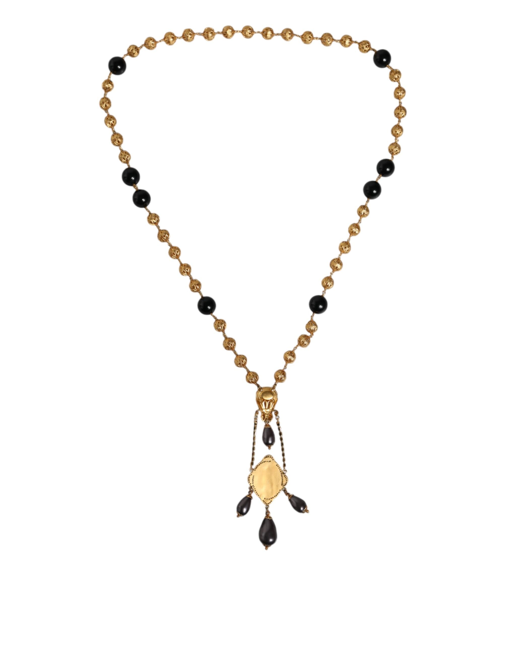 Dolce & Gabbana Gouden Keten Messing Zwarte Kralen Rozenkrans Stijl Ketting