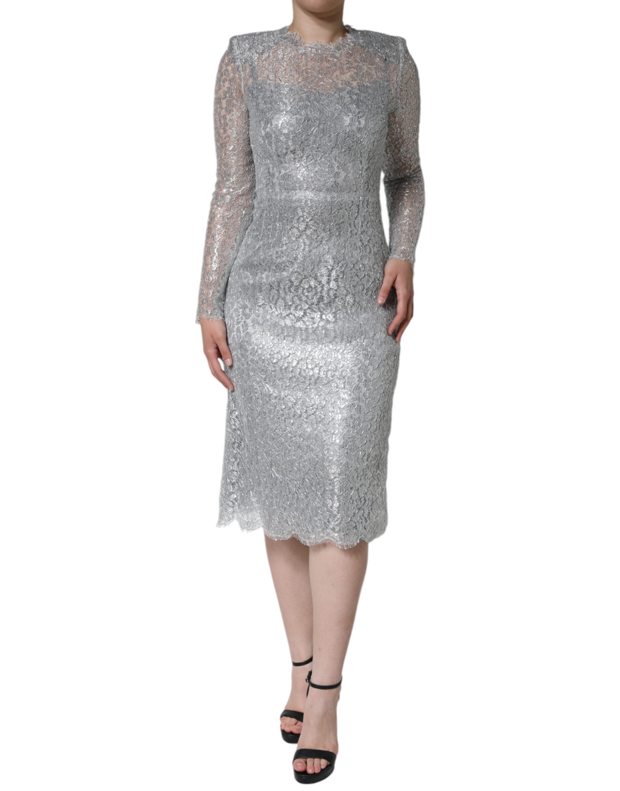 Dolce &amp; Gabbana – Figurbetontes Midi-Etuikleid mit Blumenspitze in Silber