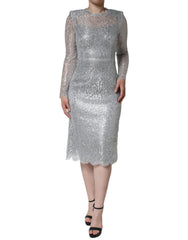 Dolce &amp; Gabbana – Figurbetontes Midi-Etuikleid mit Blumenspitze in Silber