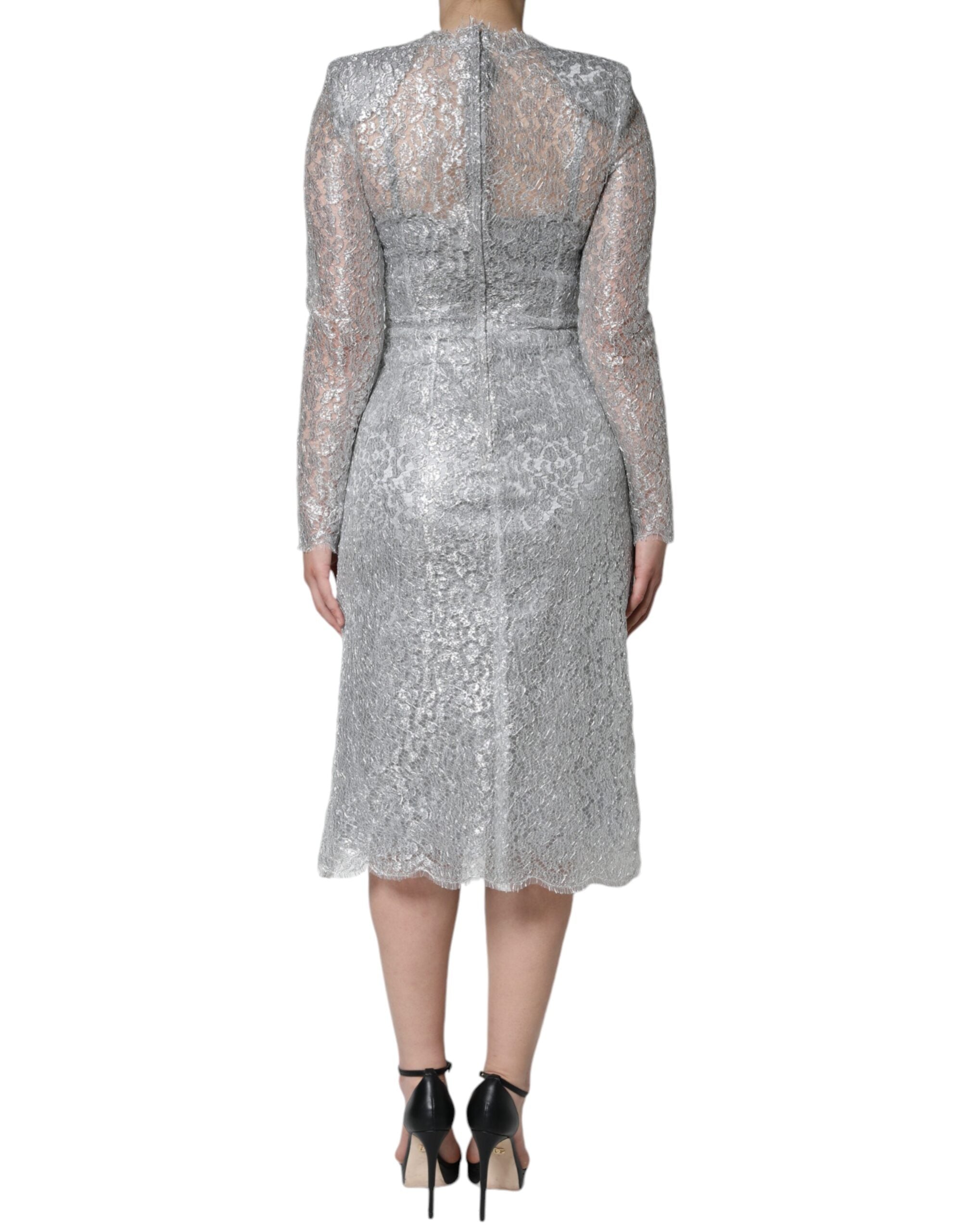 Dolce &amp; Gabbana – Figurbetontes Midi-Etuikleid mit Blumenspitze in Silber
