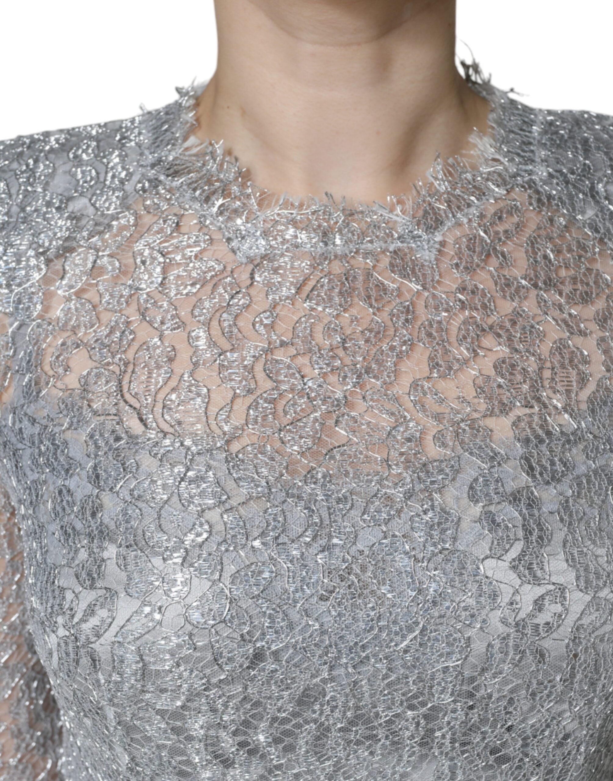 Dolce &amp; Gabbana – Figurbetontes Midi-Etuikleid mit Blumenspitze in Silber