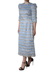 Dolce & Gabbana Light Blue Zilver Jacquard A-lijn Midi-jurk