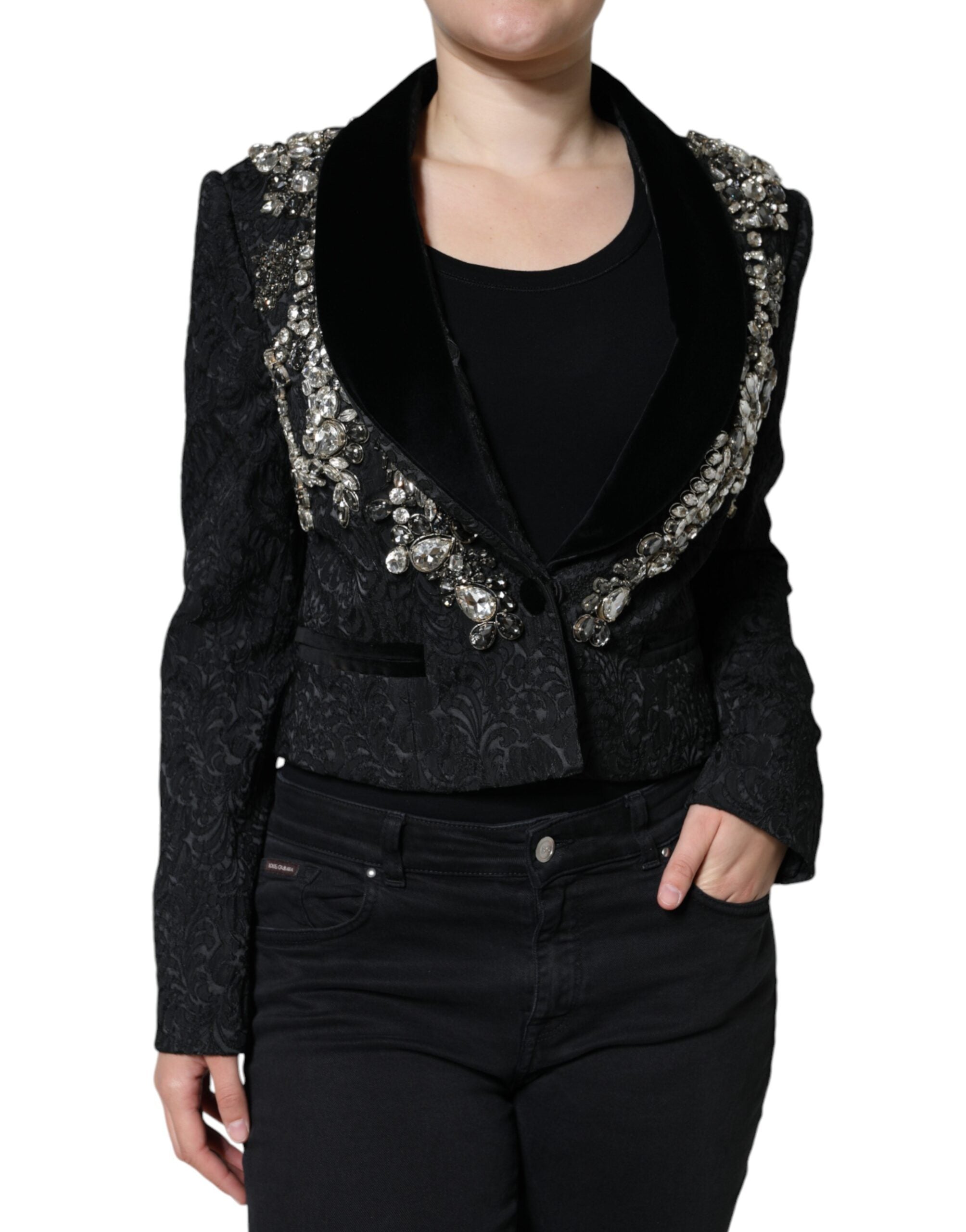 Dolce & Gabbana Schwarze Jacquardjacke mit Kristallblumenmuster