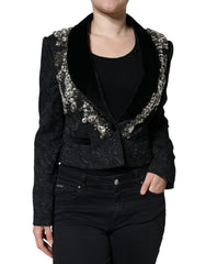 Dolce & Gabbana Schwarze Jacquardjacke mit Kristallblumenmuster