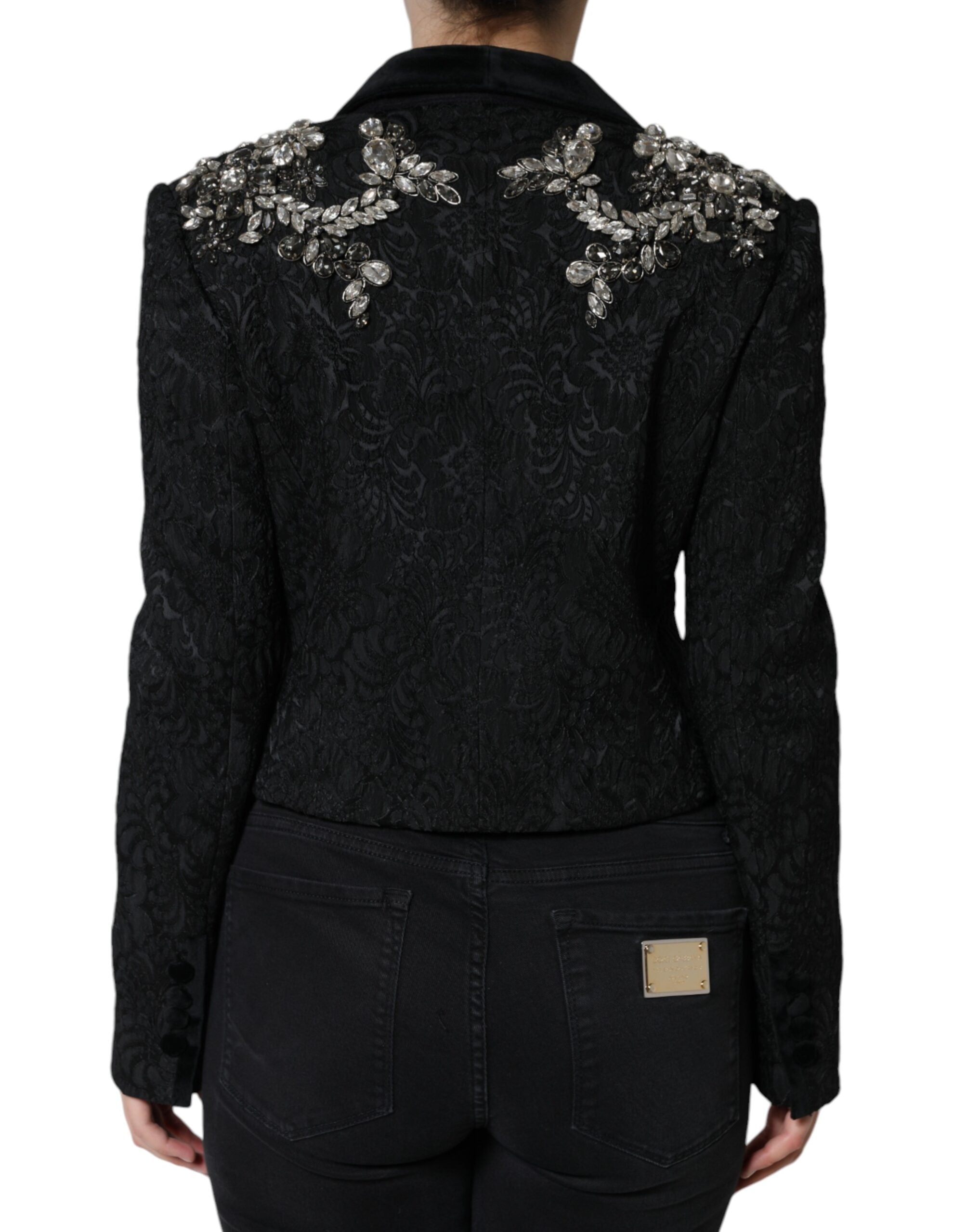 Dolce & Gabbana Schwarze Jacquardjacke mit Kristallblumenmuster