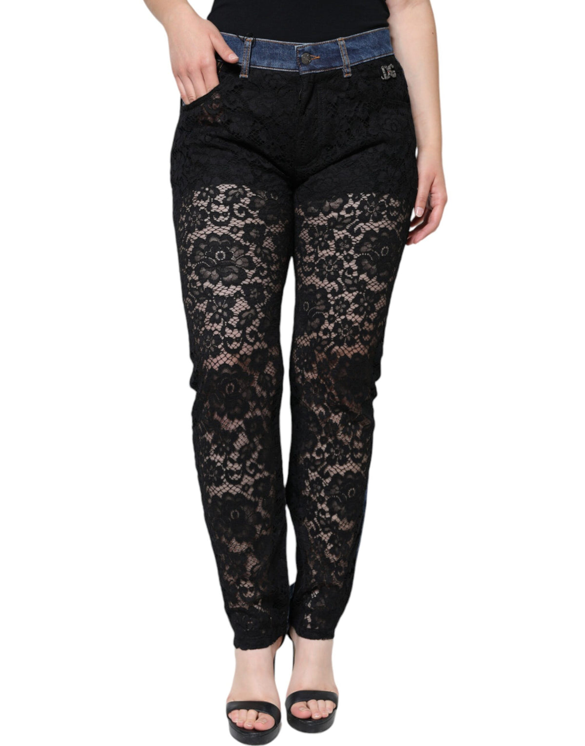 Dolce & Gabbana Schwarze Skinny Jeans aus Denim mit floraler Spitze vorne