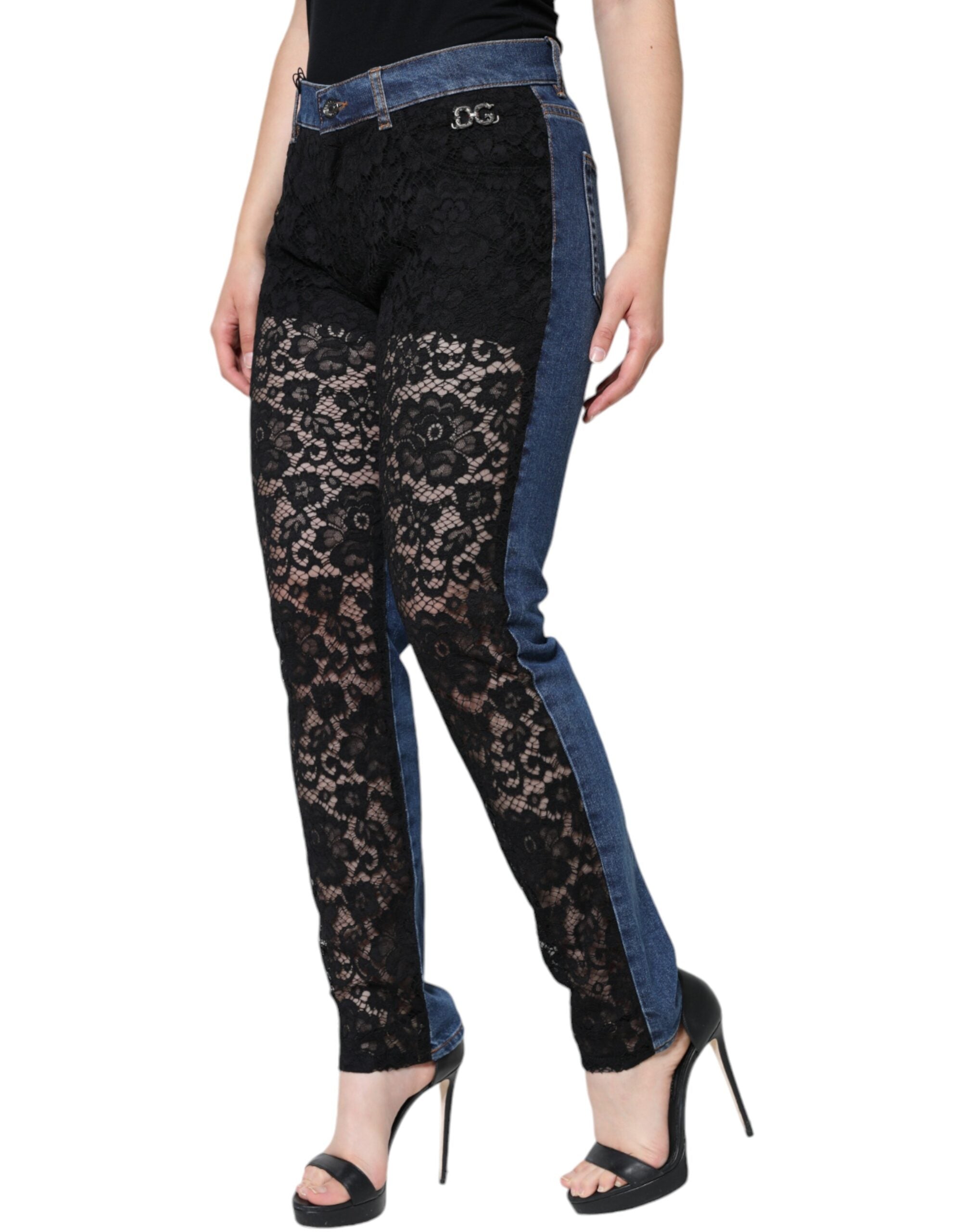 Dolce & Gabbana Schwarze Skinny Jeans aus Denim mit floraler Spitze vorne