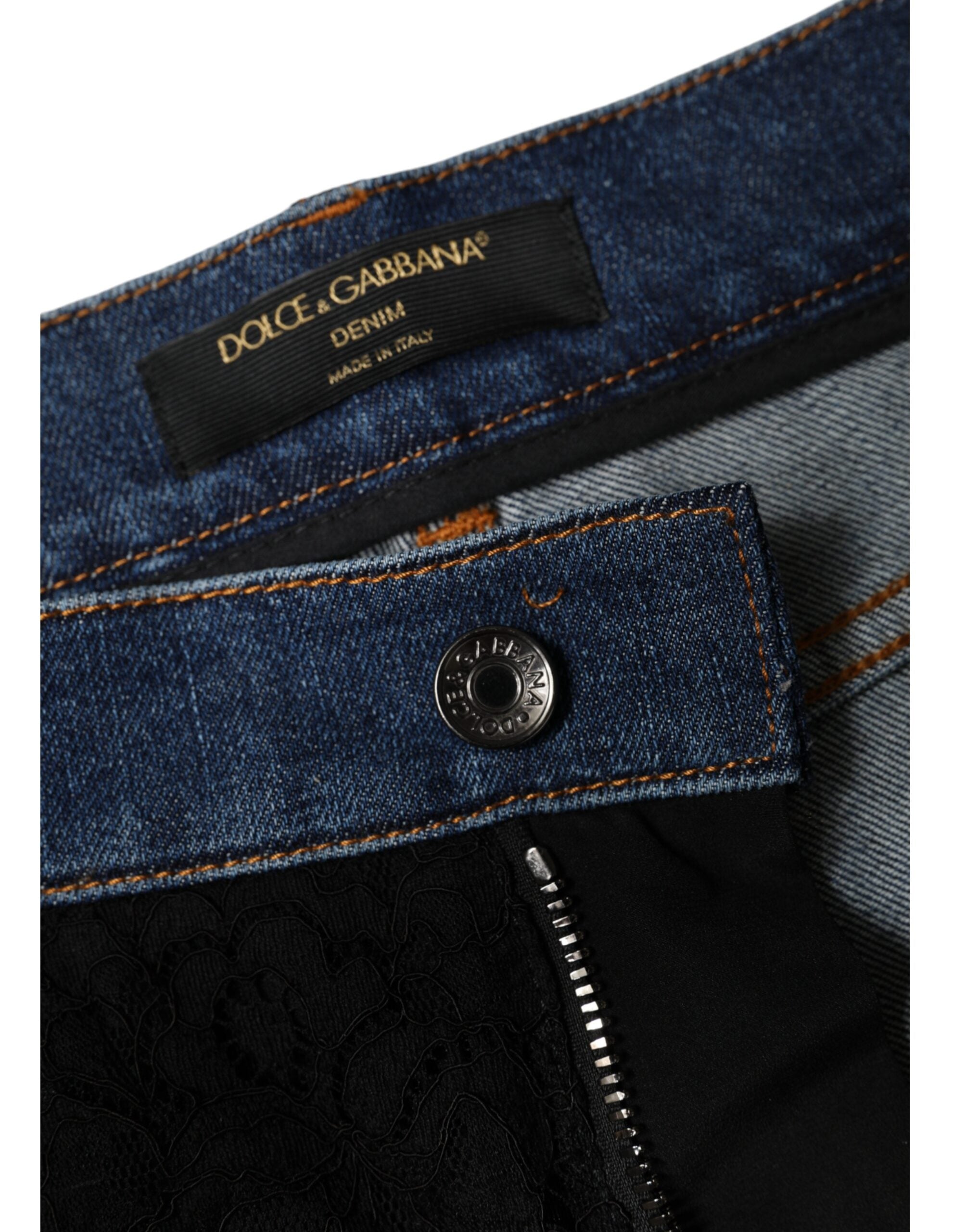Dolce & Gabbana Schwarze Skinny Jeans aus Denim mit floraler Spitze vorne