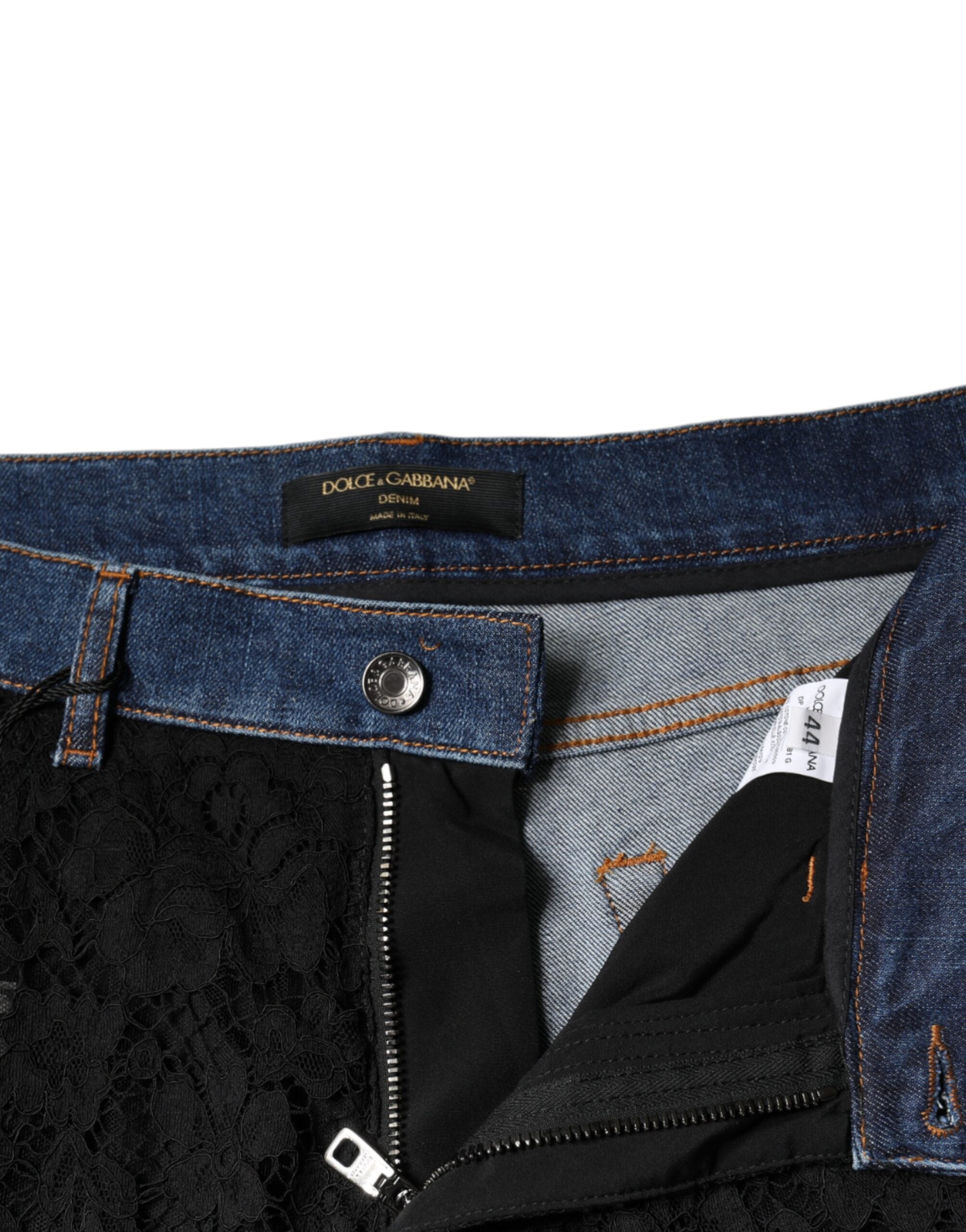 Dolce & Gabbana Schwarze Skinny Jeans aus Denim mit floraler Spitze vorne