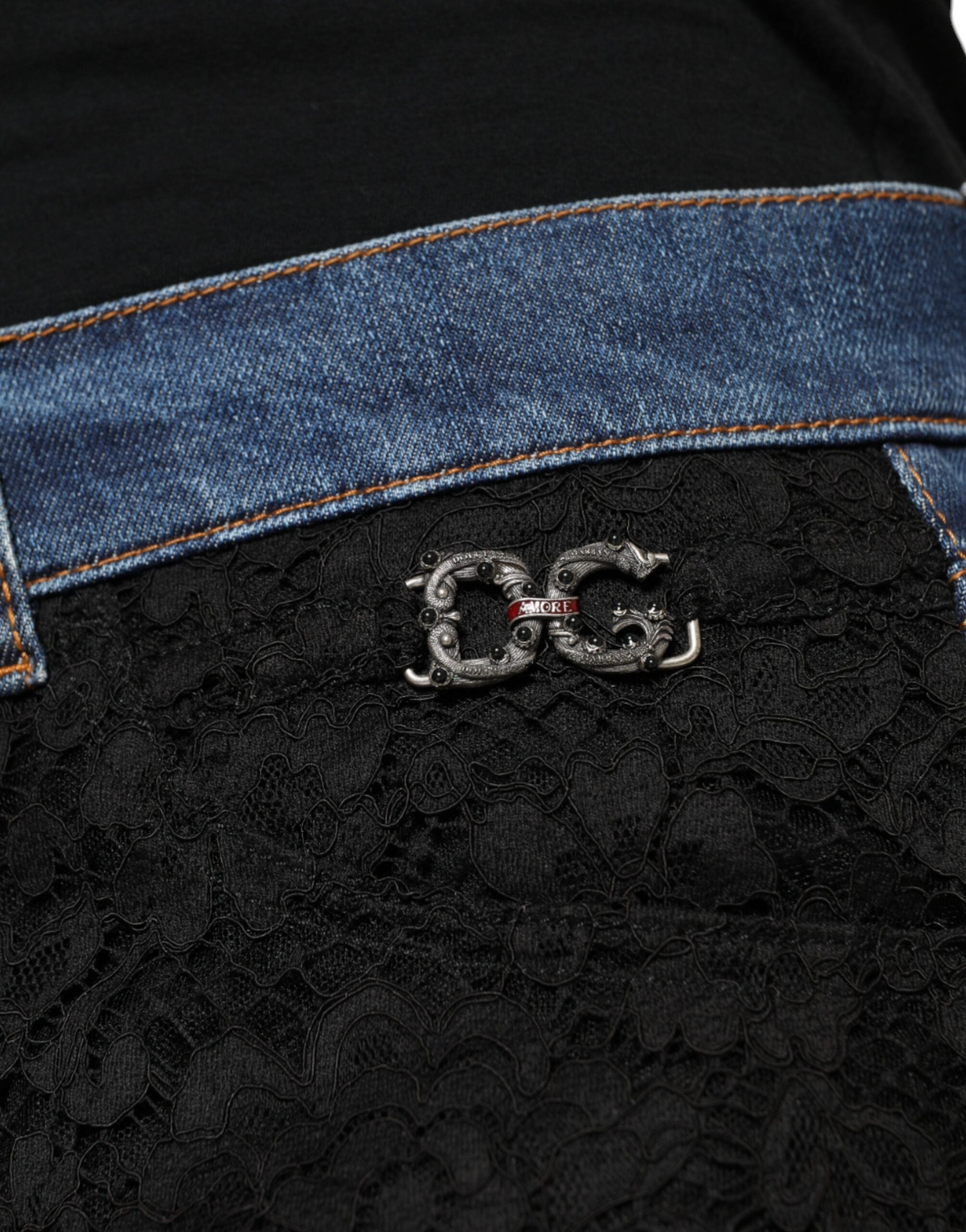 Dolce & Gabbana Schwarze Skinny Jeans aus Denim mit floraler Spitze vorne