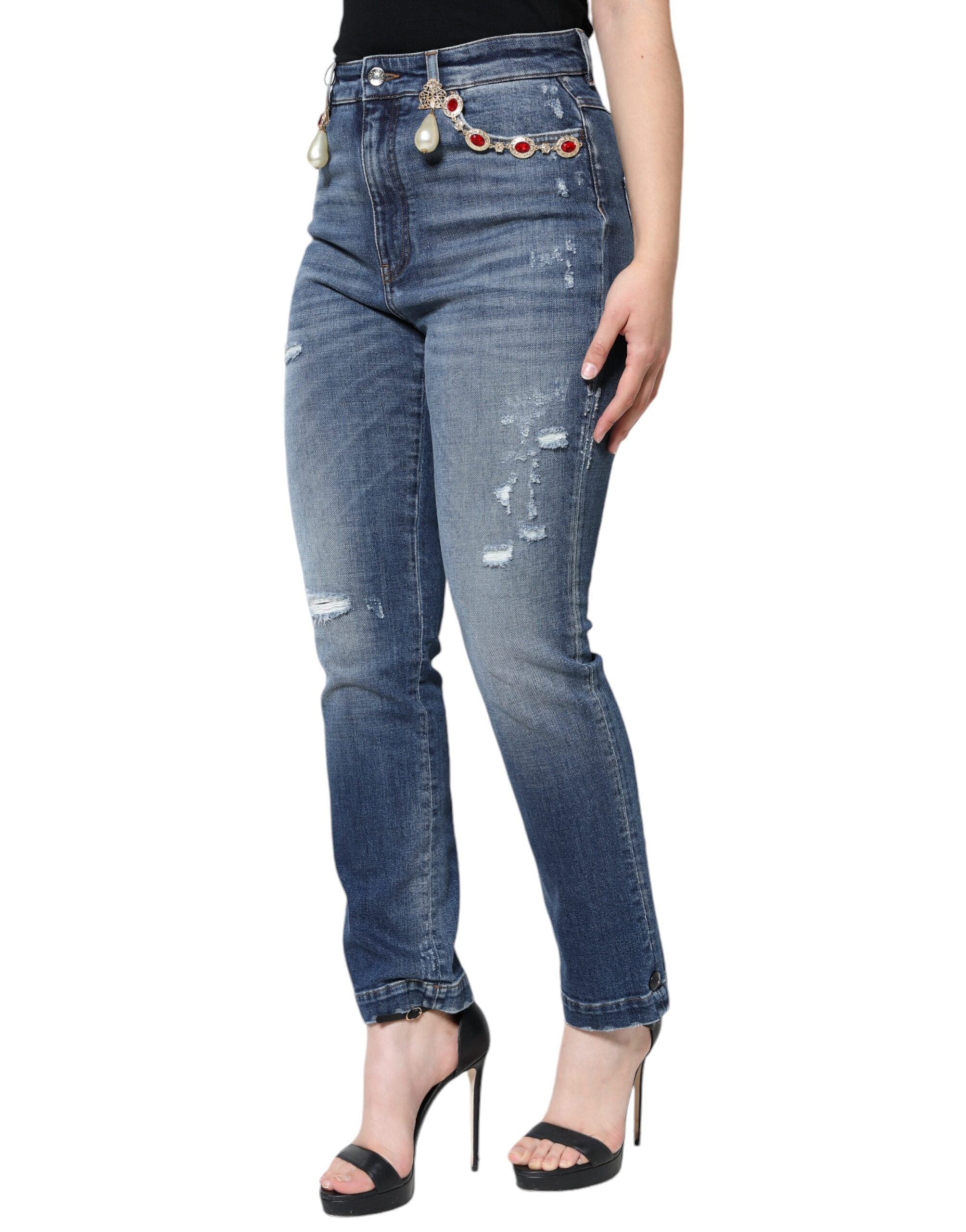 Dolce & Gabbana Donkerblauwe Katoenen Versleten Skinny Denim Jeans
