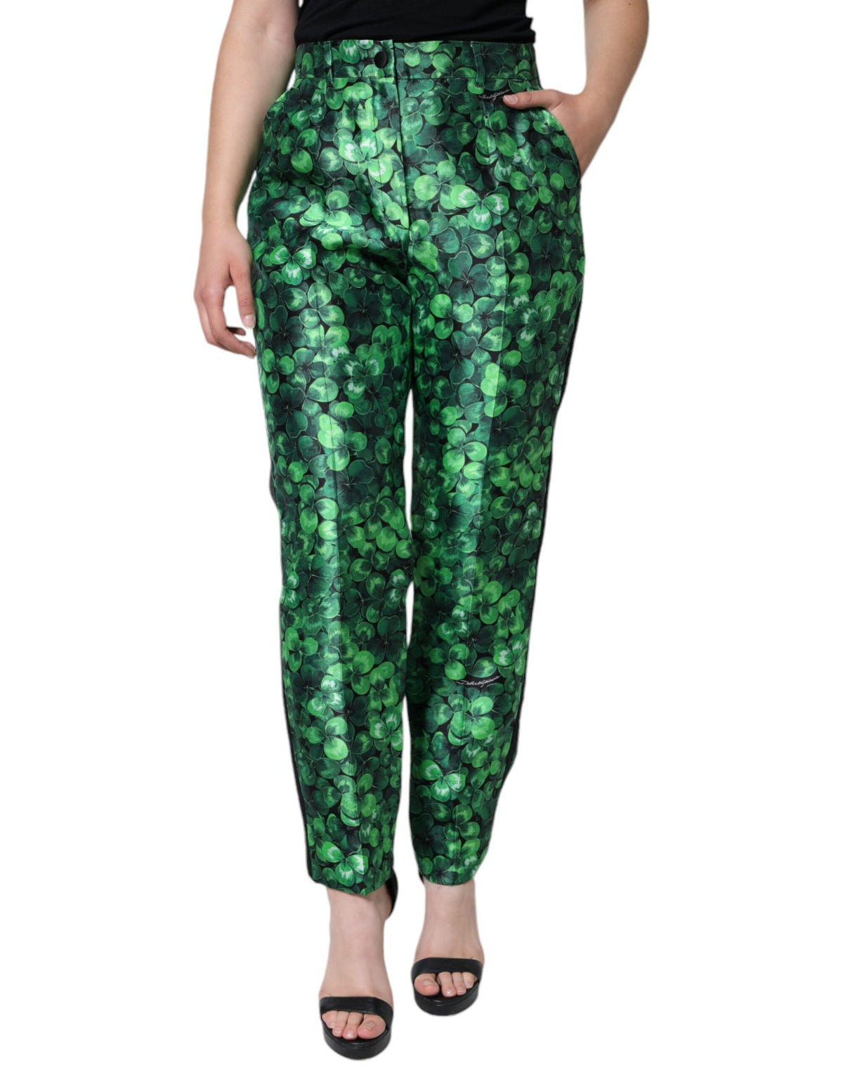 Dolce & Gabbana Grüne Clover Seidensatin Hose mit hoher Taille und schmal zulaufendem Bein