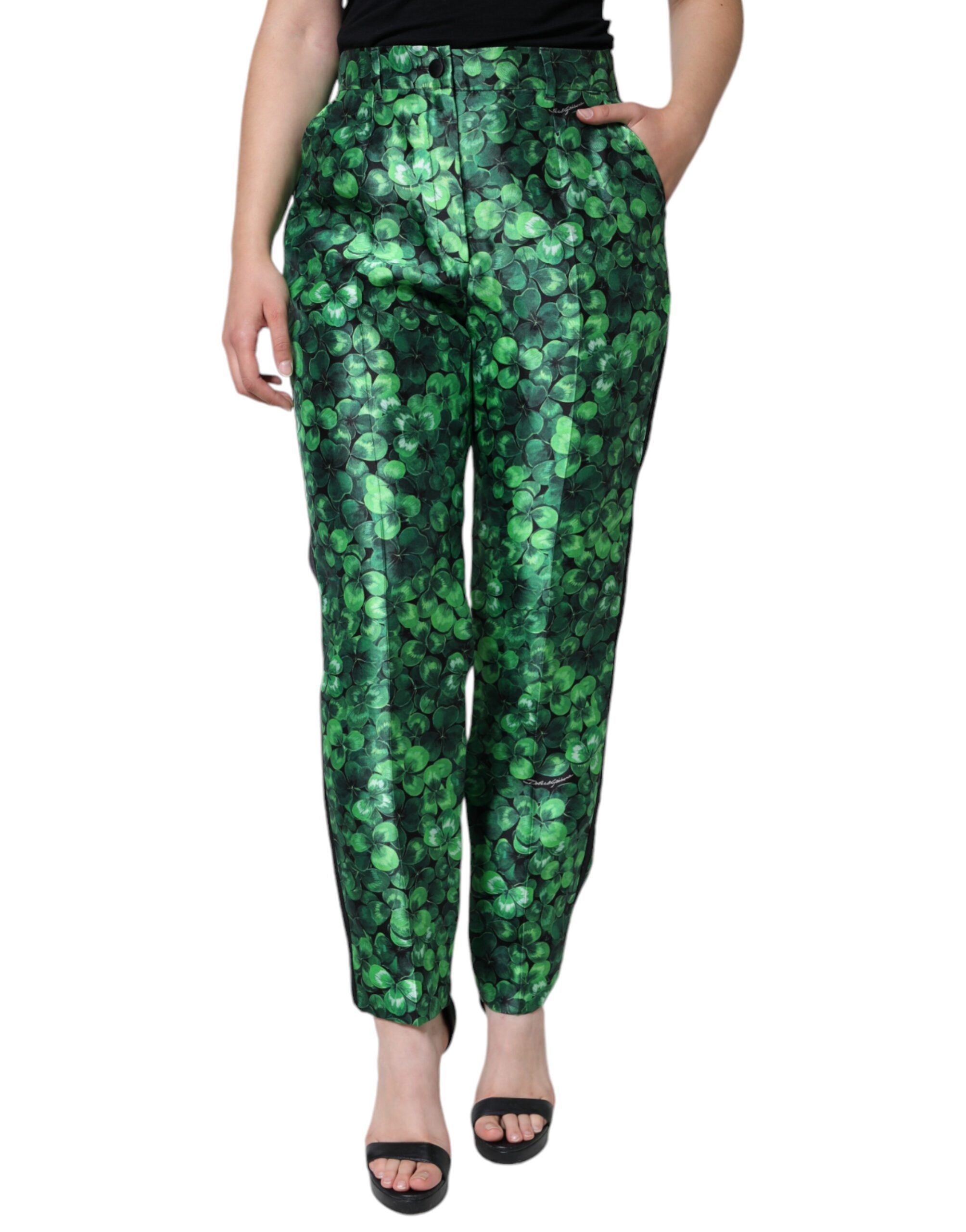 Dolce & Gabbana Grüne Clover Seidensatin Hose mit hoher Taille und schmal zulaufendem Bein