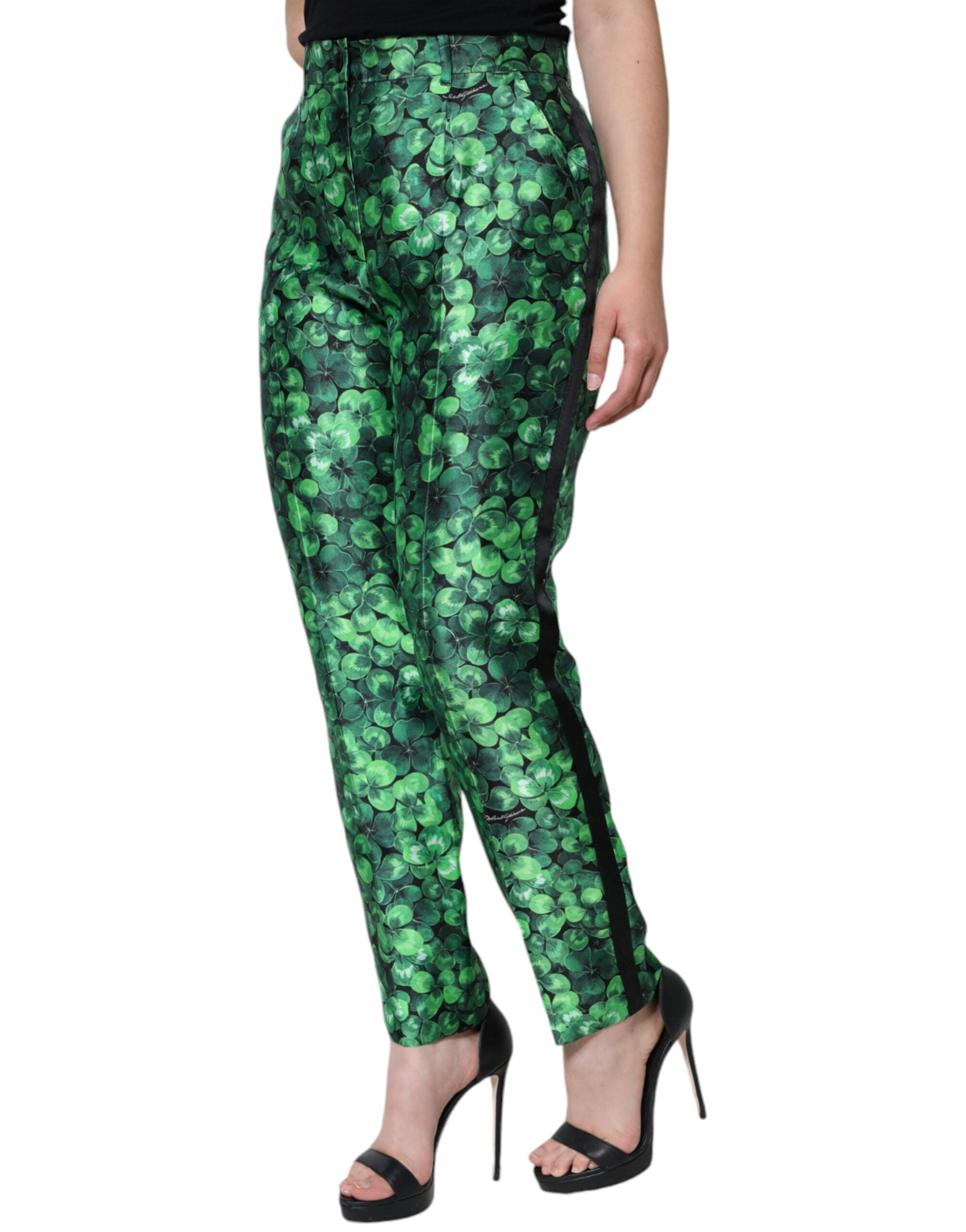 Dolce & Gabbana Grüne Clover Seidensatin Hose mit hoher Taille und schmal zulaufendem Bein
