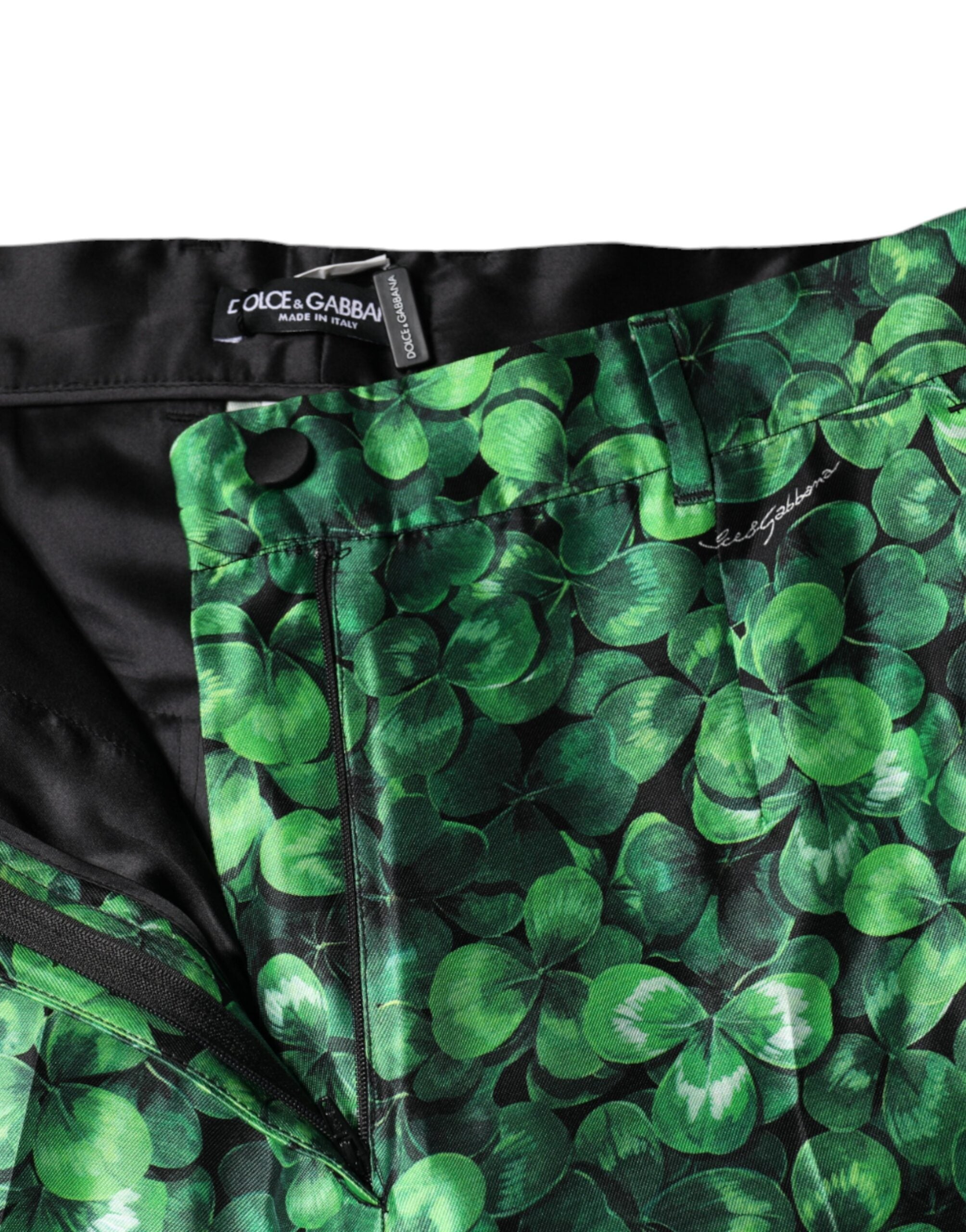 Dolce & Gabbana Grüne Clover Seidensatin Hose mit hoher Taille und schmal zulaufendem Bein