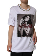 Dolce & Gabbana Wit Kristallen Halslijn Versierd Bedrukt T-shirt