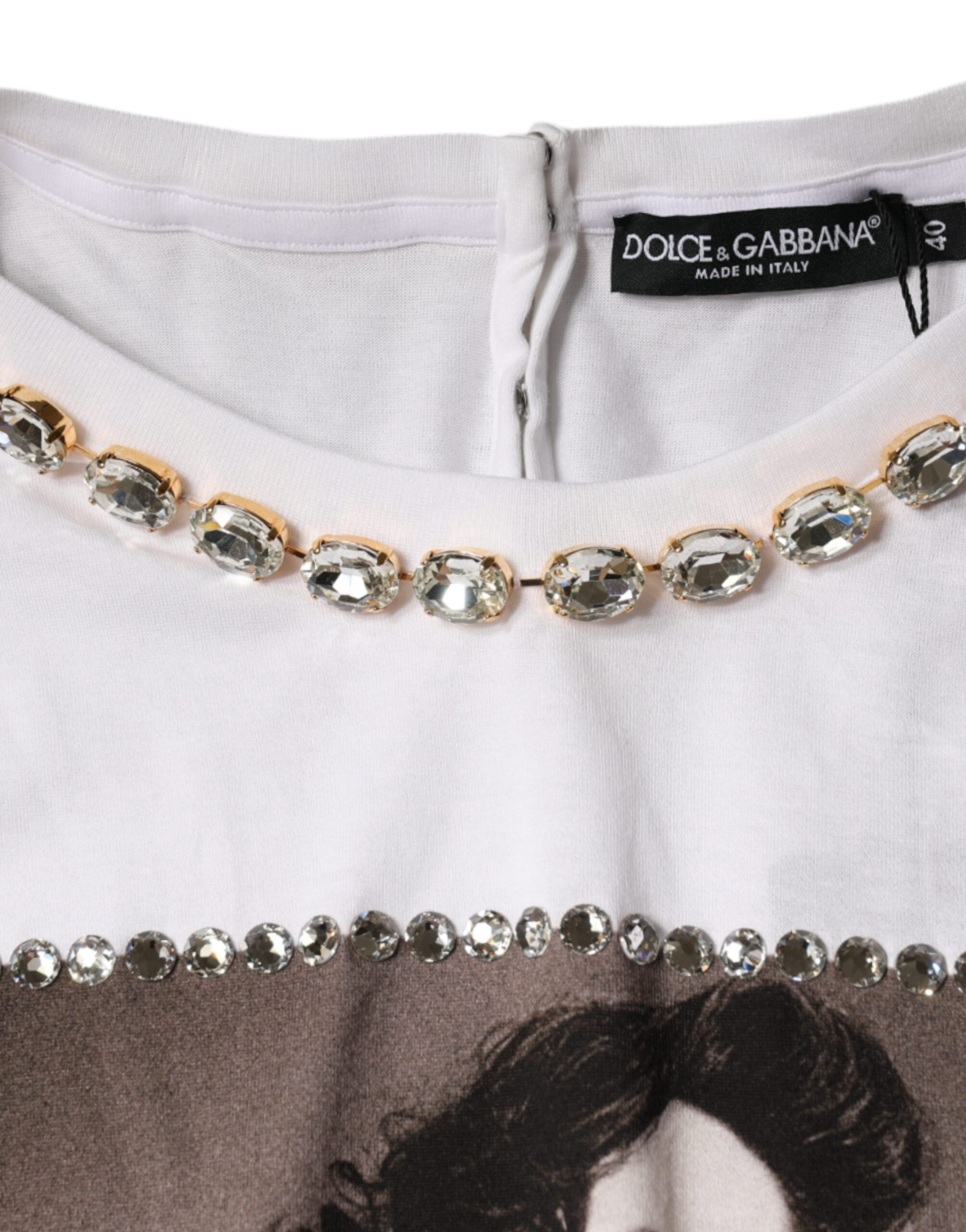 Dolce & Gabbana Wit Kristallen Halslijn Versierd Bedrukt T-shirt